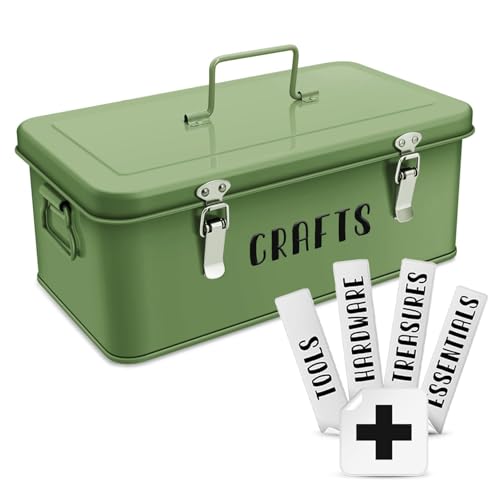 Flexzion Multipurpose Metal Storage Box - Metal Box with Lid, Handles, and Dual Latches for Medical and Tool Storage - 4 Compartments with Safety Lock, Green