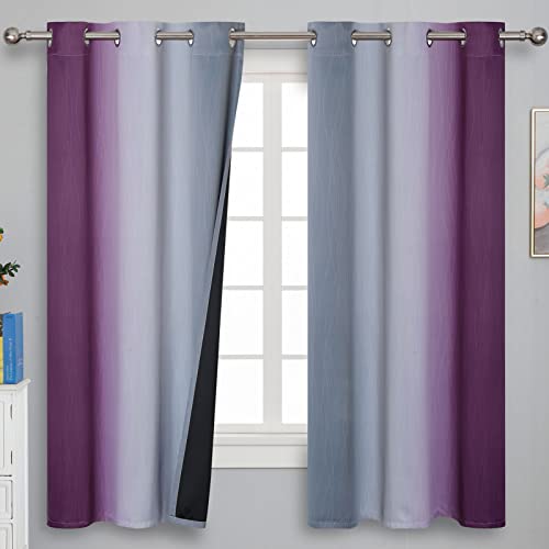 Ombre Purple and Gray Blackout Curtains 63 Inch Length 2 panels, Full Room Darkening Grommet Thermal Insulated Gradient Drapes for Girls Room, Full Light Blocking Curtains for Bedroom, 42x63 Inch