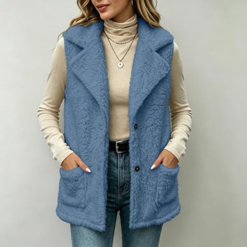Aymnlox Vest for Women Fleece Fuzzy Sleeveless Lapel Jacket Button Down - image 7