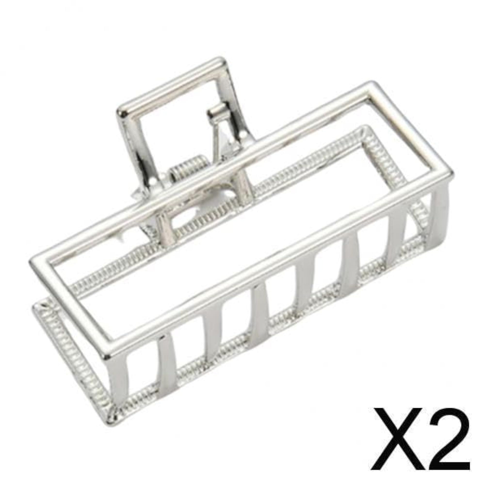 2x Ladies Rectangle Silver Hair Claw Clip Jaw Clamp, Thick Updo Tool