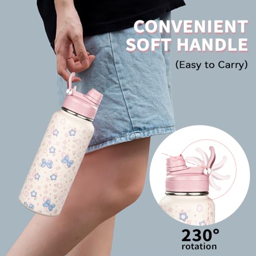 Image of 32 oz Insulated Water Bottle with Leak-proof 2-in-1 Straw and Spout Lid,Stainless Steel Sports Water Bottle with Handle,Double Wall Vacuum Metal Water Flask for Travel Camping School(Bow,1)