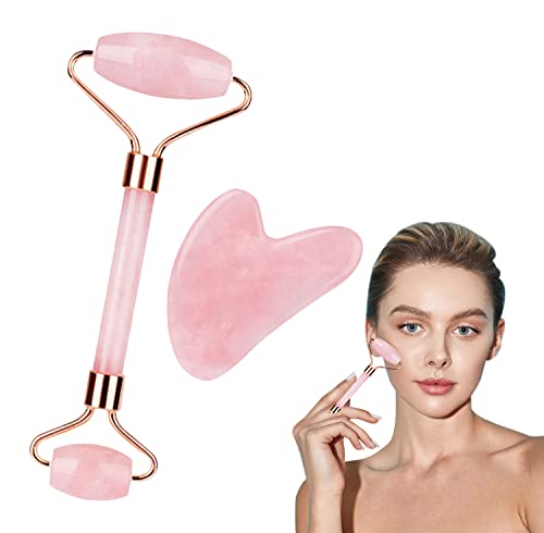 Jade Roller Visage, Outil de massage au rouleau pour le visage, Gua Sha Visage, Rouleau Visage de Jade Quartz pour Traitement des Poches, Resserrement de la Peau (Rose)
