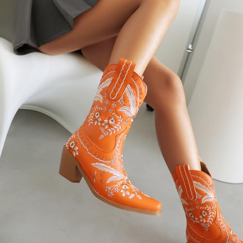 Womens Embroidered Cowgirl Boots Pull On Cowboy Boots for Women Floral Low Chunky Heel Western Boots3