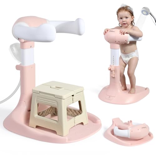 Image of Orzbow Baby Shower Stand, Collapsible Baby Bath Stand with Foldable Chair, Adjustable Height Toddler Shower Standing Support for Infant 6-36 Months, Anti-Slip Base, Easy-Use, Pink