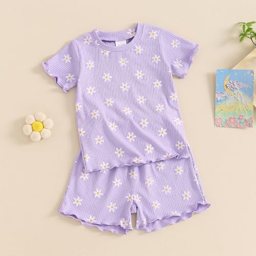 Image of Ayalinggo Baby Girl Summer Outfits Short Sleeve Lettuce Trim Floral Tops + Shorts Set Infant Clothes