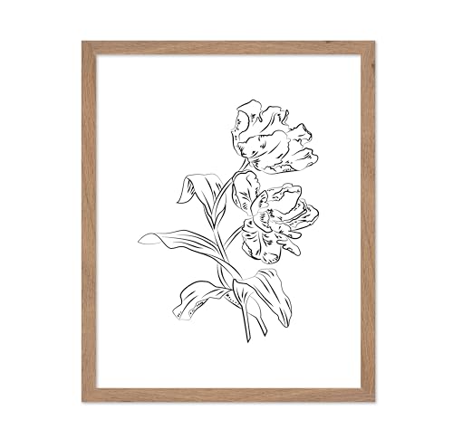 Poster Master Flower Poster - Retro Floral Print - Botanical Illustration - Black & White Line Design - Sketch & Abstract Artwork - Chic Boho Art - Flower Shop or Office Decor - 8x10 Beige Framed