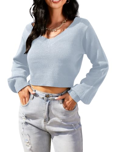 Image of ZAFUL Women's Cropped Sweater V-Neck Long Sleeve Pullover Jumper Knit Top | Crop Length, Ribbed Knit, Double V design, White sweater, Raglan sleeves, lantern sleeve, Fall & Winter, Loose fit, Oversized
