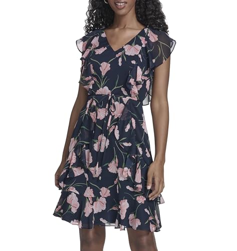Image of Tommy Hilfiger Women's Sleeveless V-Neck Ruffle Trim Tie Waist Chiffon Mini Dress