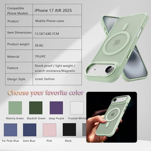 Image of Magnetic for iPhone 17 Air Phone Case, [Compatible with MagSafe], Screen Protector X1, [Military Grade Drop Protection],Matte Finish,Slim,Shockproof,Protective (Matcha Green, iPhone 17 air)
