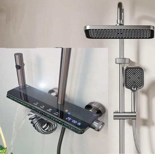 Image of X-XONIER Luxury thermostate Shower System, 4-in-1shower set with Large Overhead+3 Ways Hand Shower, 2 waybiget gun and tub spout, Temperature Dispaly, Star Galaxy LED lights shower panel (grey)