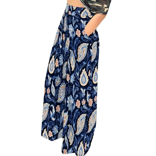 Womens Boho Floral Casual Wide Leg Pants Elastic High Waist Solid Color Pleated Print Palazzo Pants with Pockets2