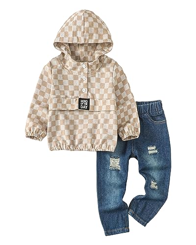 Image of Toddler Boy Clothes Baby Boy Outfit Letter Prints Hoodies Top Ripped Jeans Cute Boys Clothing Set Fall Winter