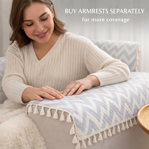 Image of STITCHNEST Quilted Velvet Sofa Cover with Tassels - 48x60 Inch, Grey & Ivory Zigzag Design, Soft & Stylish, Washable Sofa Protector for 2-Seater