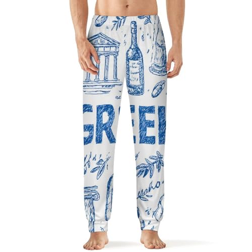 Greek Symbols Olive Wine Bottle Men's Pajama Pants Lounge Pant Sleepwear PJ Bottoms