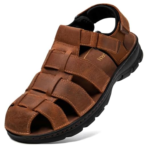 Boveshorn Sandália masculina de couro de pescador, bico fechado, vestido de caminhada, casual, com espuma de memória, verão, uso ao ar livre, atlética, ajustável, confortável, B - marrom café, 41