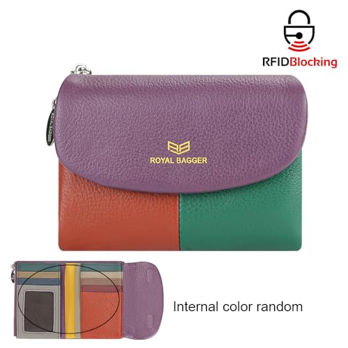 Color Block RFID Short Wallets Genuine Leather Multi-card Slots Card Holder Trifold Purse Magnetic Opening 2053 (Purple)2
