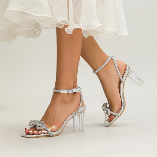 Amoji Women 3 Inch Clear Heels Rhinestone Bowk Block Heeled Sandal 3374