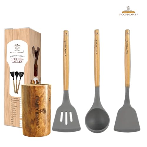 Image of Silicone Spatula Set with Organizer | Kitchen Utensils | Non-Stick Safe Cooking Spoons | BPA Free |High Heat Resistant | Wooden Handle Ladles Turner Serving Cooking | Set of 4 (Gray)