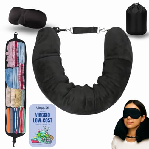 VIAGGISTI Cuscino da Viaggio Riempibile per Collo, Memory Foam, Maschera Occhi Oscurante, Accessori...