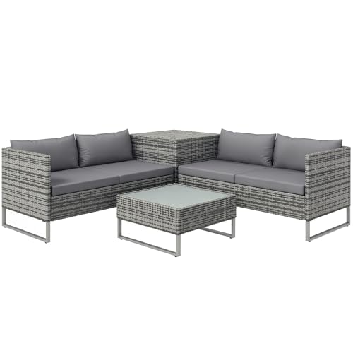 Outsunny Conjunto de Muebles de Jardín de Ratán 4 Piezas con 2 Sofás Dobles Mesa de Centro Mesa con Arcón Cojines Extraíbles para Terraza Patio Exterior 132x69x64 cm Gris