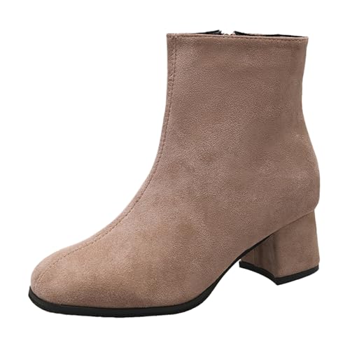 Botines de mujer de gran tamaño moda cuero tacón cuadrado elegante retro británico punta cuadrada botas cortas ligeras vintage botines zapatos otoño invierno, caqui, 40 EU