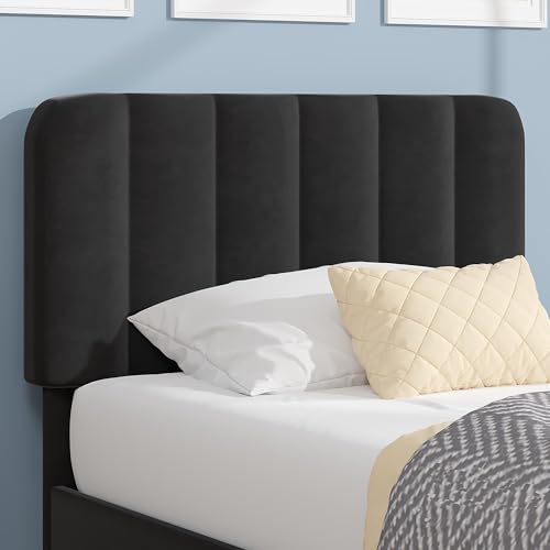 Image of VECELO Twin Size Bed Frame with Upholstered Headboard, Velvet Platform Bedframe Mattress Foundation, Strong Wood Slat Support, No Box Spring Needed,Black