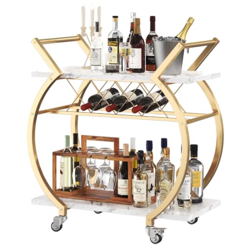 Image of LVB Gold Bar Cart with Wheels, Modern White Marble Home Bar Serving Cart | Drink Cart with Wine Rack, Metal Wooden Beverage Cart, Rolling Kitchen Cart for Home Dining Room,Gold White Marble