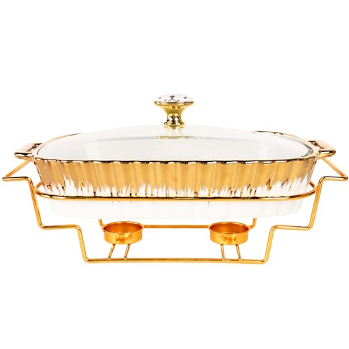 LIUYWYHCF Ceramic Casserole Baking Dish With Glass Lid and golden rack, 12 Inch Lasagna Pan Deep for Oven, 1.2 Quarts Baking Pan with Handles, Oven Safe & Durable Bakeware for Home Decor