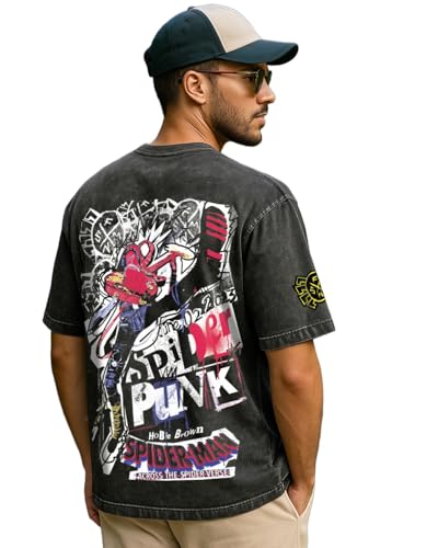 Bewakoof Męski t-shirt z bawełny z nadrukiem graficznym, krój oversize, Czarny_660979, XL