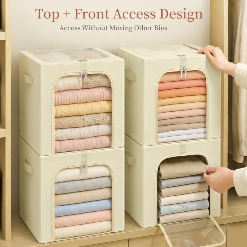 Image of GoMaihe Clothes Storage Bins with Metal Frame, 55L Blanket Storage Boxes for Above Shelf Closet, 4 Pack Stackable Clothing Storage Organizer with Clear Window for Bedding Sweaters Comforters - Beige