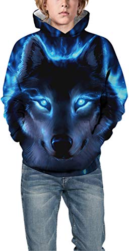 Chaos World Boys' Hoodie Realistic 3D Print Graphic Hooded Sweatshirts Galaxy Animal Pattern(Xs,Blue Wolf) #TOP3