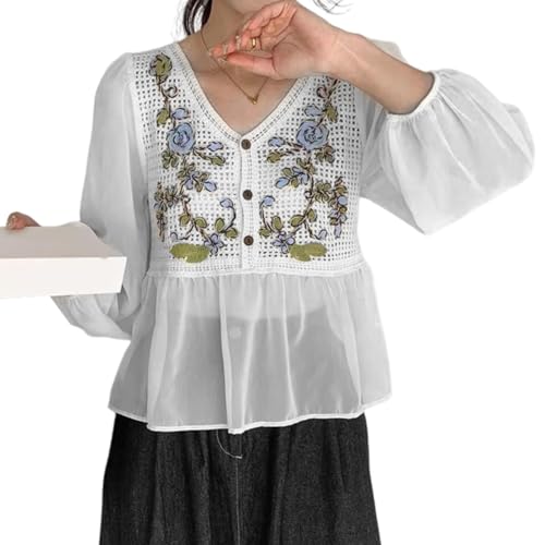 ZWTPGKRD Blusa de manga larga abombada con botones y cuello en V para mujer, camisa hueca de ganchillo bordada con volantes, blusa de punto de ganchillo ahuecada, blanco, Talla única