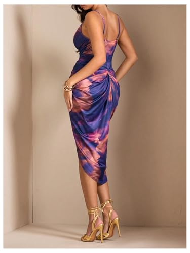 WDIRARA Women's Tie Dye Sleeveless Bodycon Midi Dress Cowl Neck Ruched Split Cami Dresses2