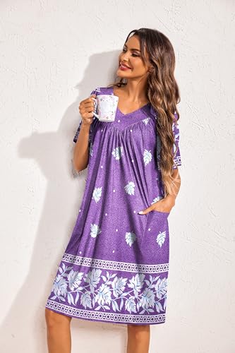 Image of Ekouaer Womens House Dress Floral Print Nightgown with Pockets Mumu Dress | V Neck Nightgowns for Women Pleated Short Sleeves Mumu Dresses Knee Length Moo Moo for Sleep, Daily Wear, Vacation, Party