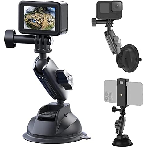 GUEDIEO Suction Cup for Action Camera Mount Car Windshield Window Vehicle Boat Camera Holder Compatible for Go pro 12/11/10 9 8 OSMO Action OSMO Pocket Insta360 Aluminum Cover