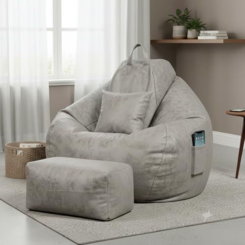 Image of KAM'S LIEU 5XL Premium Imported Suede Bean Bag Chair with Footrest & Cushion | Filled with High Density Polystyrene Beans | Premium Soft Fabric | Ready to Use Color- (Grey, 5XL)