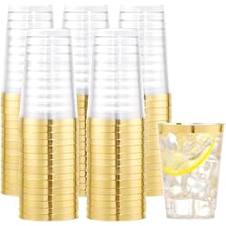 I00000 100PCS Gold Plastic Cups,10 oz Clear Plastic Cups with Gold Trim, Beer Mugs，Disposable Hard Cup For Party, Premium Cup Perfect for Wedding & Party