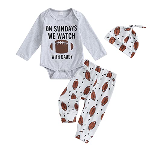 BULINGNA Newborn Baby Boy Football Season Outfit Letters Print Bodysuit Football Pants with Hat Coming Home Outfit (Gray, 0-3 Months)