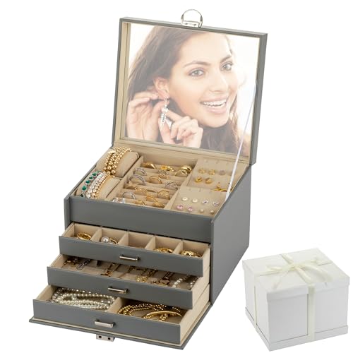 Exgox ジュエリーボックス 大容量 アクセサリーケース 4段式 PUレザー アクセサリー 収納 ジュエリーケース レディース 鏡付き 鍵付き アクセサリー イヤリング ネックレス 腕時計 アクセサリーケース 宝石箱 持ち運び 誕生日 母の日 結婚祝い