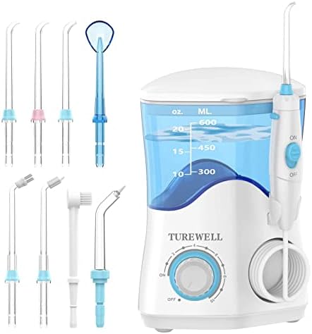 TUREWELL Water Dental Flosser for Teeth/Braces, Water Teeth Cleaner 8 Jet Tips and 10 Pressure Levels, 600ML Large Water Tank Oral Irrigator for Family(White)