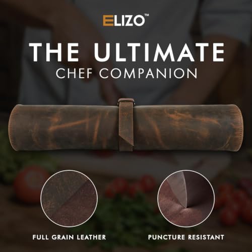 Image of ELIZO Personalized Leather Knife Roll Chef Knife Bag, Custom Monogram Travel Storage Carrying Case Wrap Holder for Professional Chefs, Embossed Grizzly