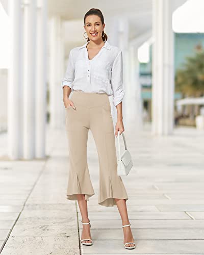 Image of G4Free Capri Pants for Women Stretch Yoga Dress Pants with Pockets Ruffle Bell Bottom Athletic Work Leggings
