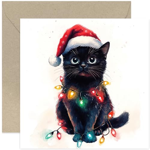 Sweet Kitten Cat Christmas Cards - Black Cat Chrsitmas Tree Lights Artwork Greeting Card - For Cat Owner - Kitten - For Auntie Mum Sister - Cute Sweet Christmas Cards for Family - Luxury Card