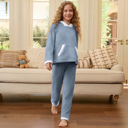 CHILDRENSTAR Kids Fleece Pajamas Bear Ear Hooded Plush Pullover Sweatshirt Pants Loungewear Sets for Boys Girls 3-14 Years2