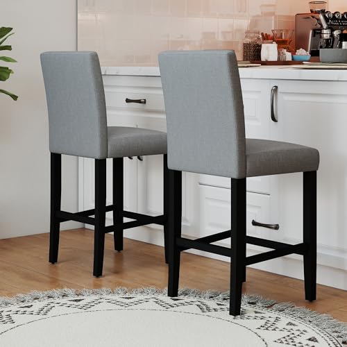 GOTMINSI Counter Height Bar Stool, Classic Upholstered 24 Inches Counter Height Stools Set of 2 barstools with Solid Wood Legs and Grey Fabric