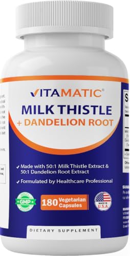 Vitamatic Milk Thistle with Dandelion Root – 50:1 Plant-Based Botanical Extract – Concentrated Herbal Capsules – Vegetarian, Non-GMO, Gluten-Free – 180 Capsules