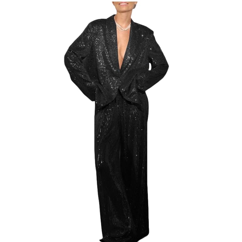 Sequin Suit 2 Piece Outfit Women Pants Set Party Shiny Glitter Long Sleeve Jacket with Wide Leg Trousers