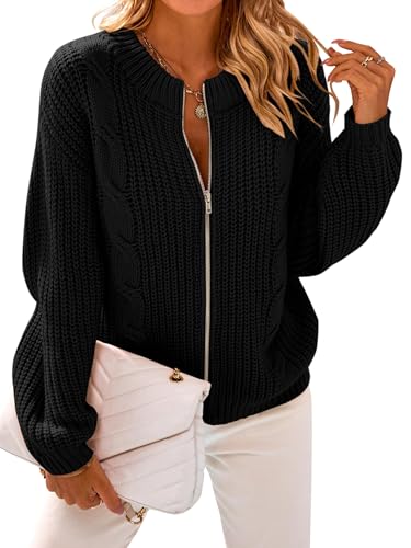 PRETTYGARDEN Women's Chunky Knit Open Front Sweater Long Sleeve Zipper Loose Short Cardigan Outerwear Coats