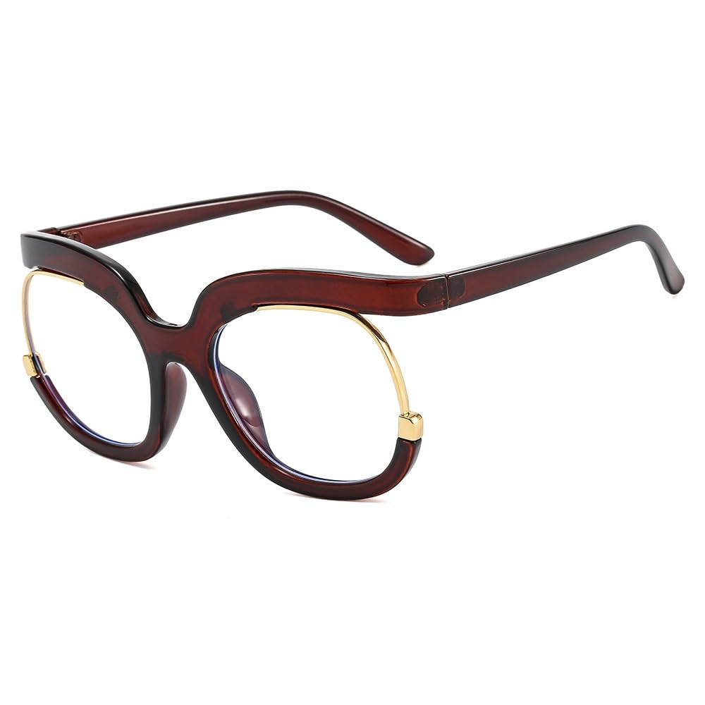 PARWANA Fashion Round Anti Eyestrain Blue Light Blocking Computer Readers Oversized Reading Glasses Eyewear Flat Light Mirror (Color : Tea, Size : +0.00)