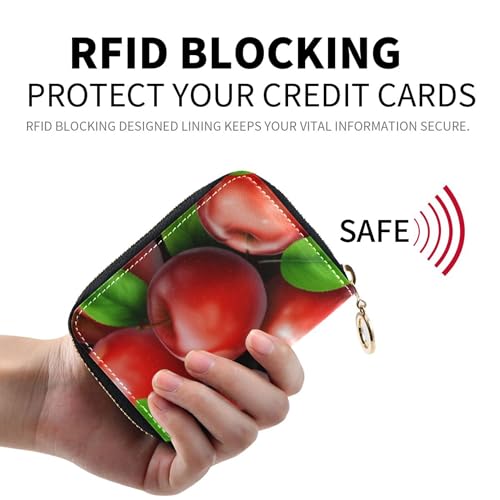 Shiny Red Apples Green Leaves Wallet for Women Zip Around RFID Blocking Credit Card Wallets Cute Scan Proof Zipper Card and Cash Holder2
